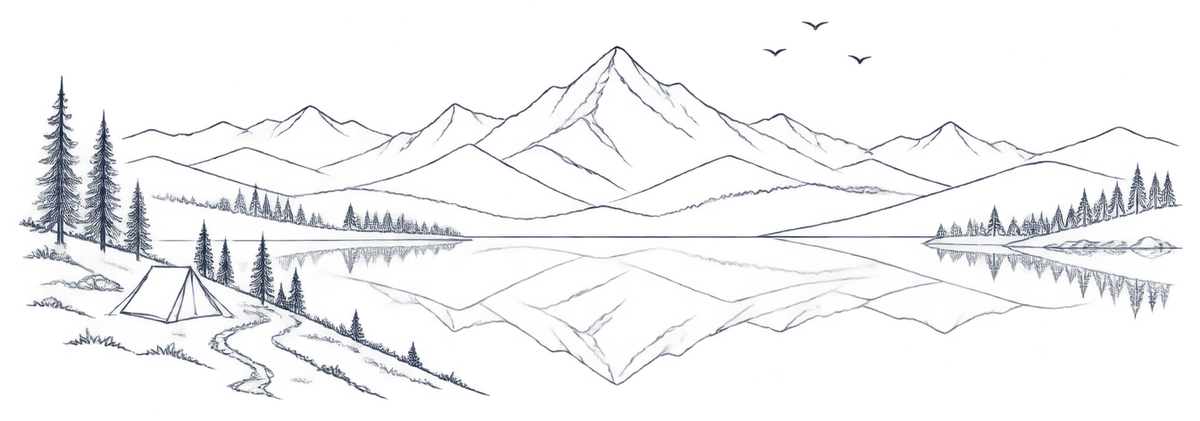 Line illustration of mountains reflected in a lake with pine trees, a tent and a trail